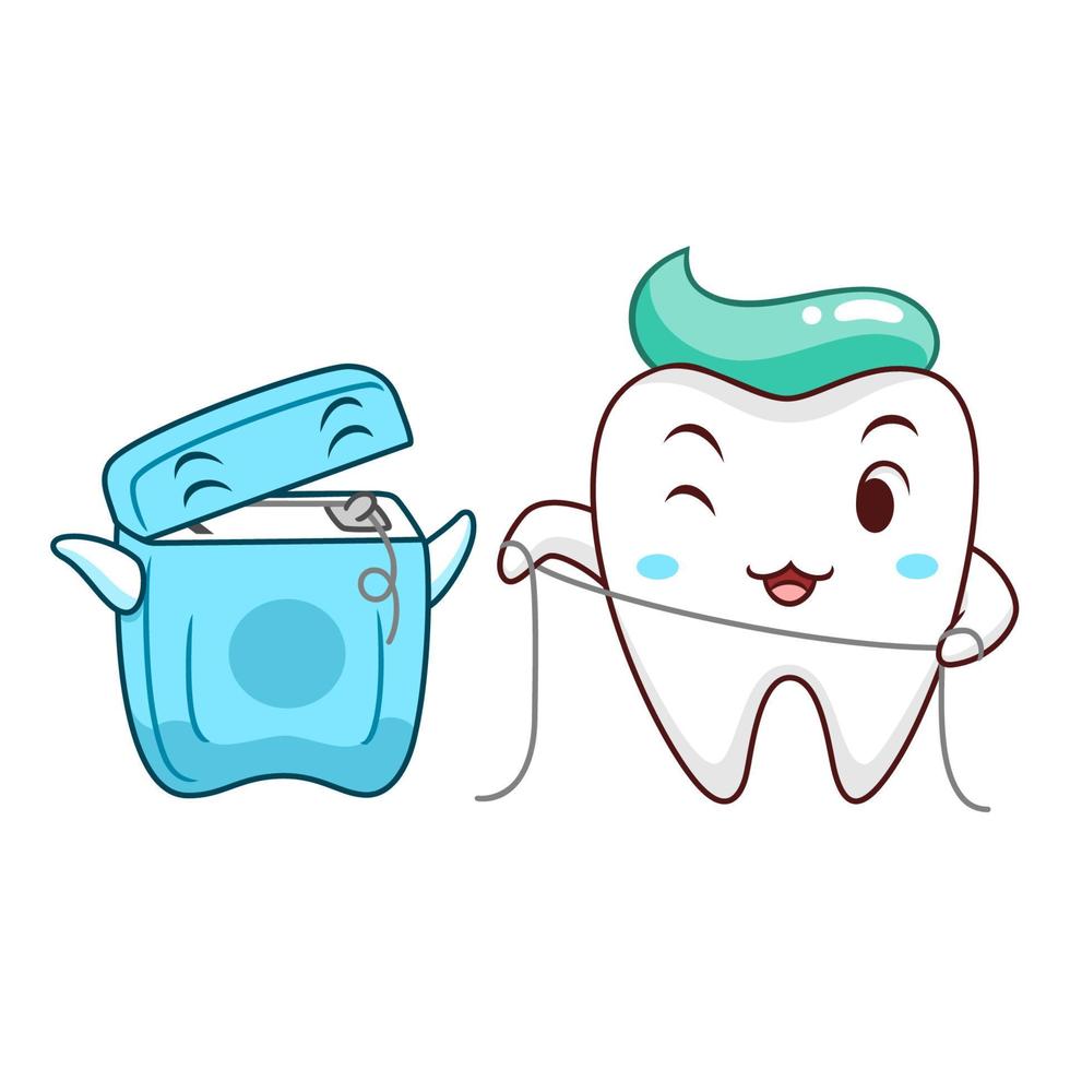 Cute cartoon tooth cleaning itself with dental floss and cartoon dental floss box. vector