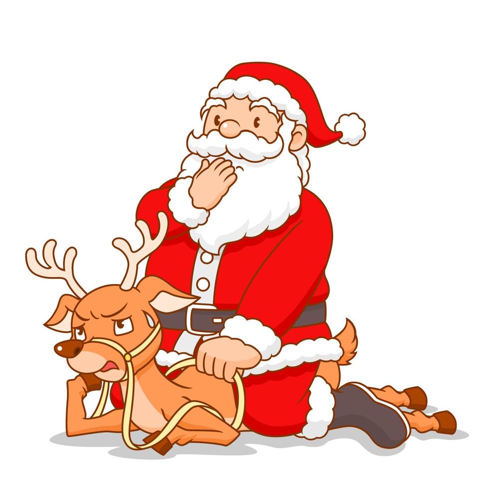 Cartoon vector of Santa Claus riding reindeer with overweight.