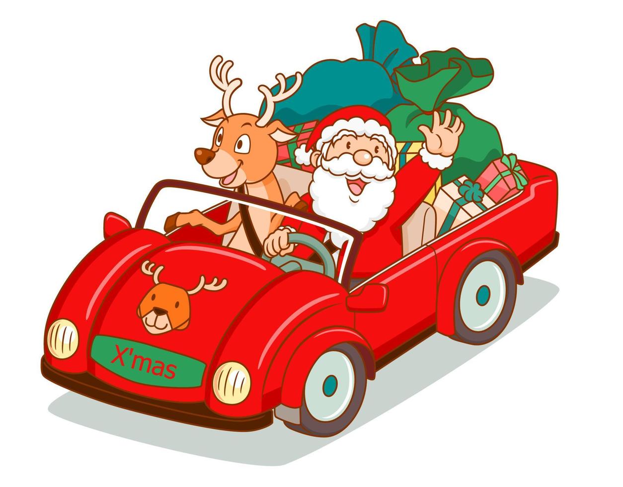 Cartoon vector of Santa Claus driving a car with reindeer sitting beside.