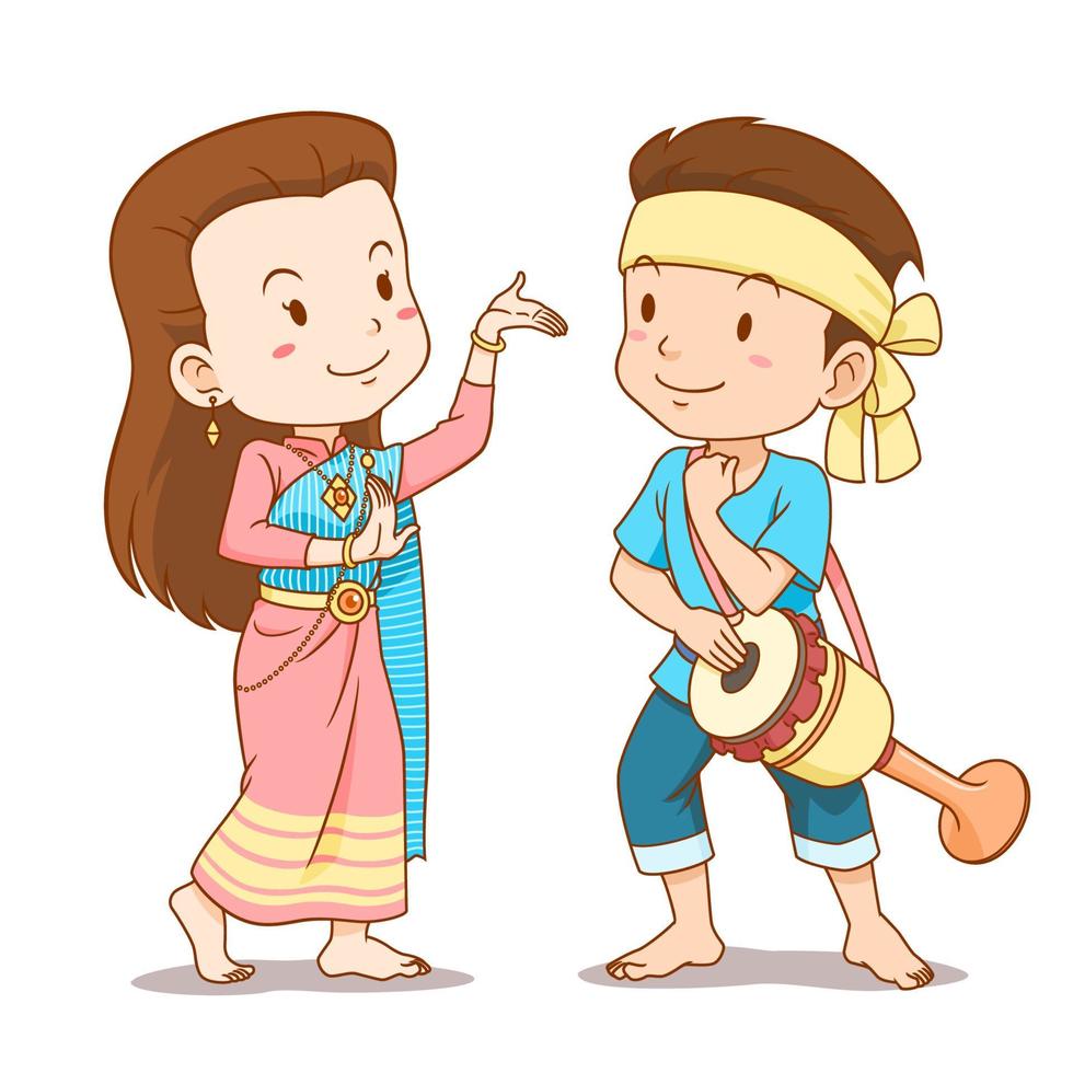 Linda pareja de dibujos animados de bailarines tailandeses tradicionales. danza tailandesa del tambor largo. vector