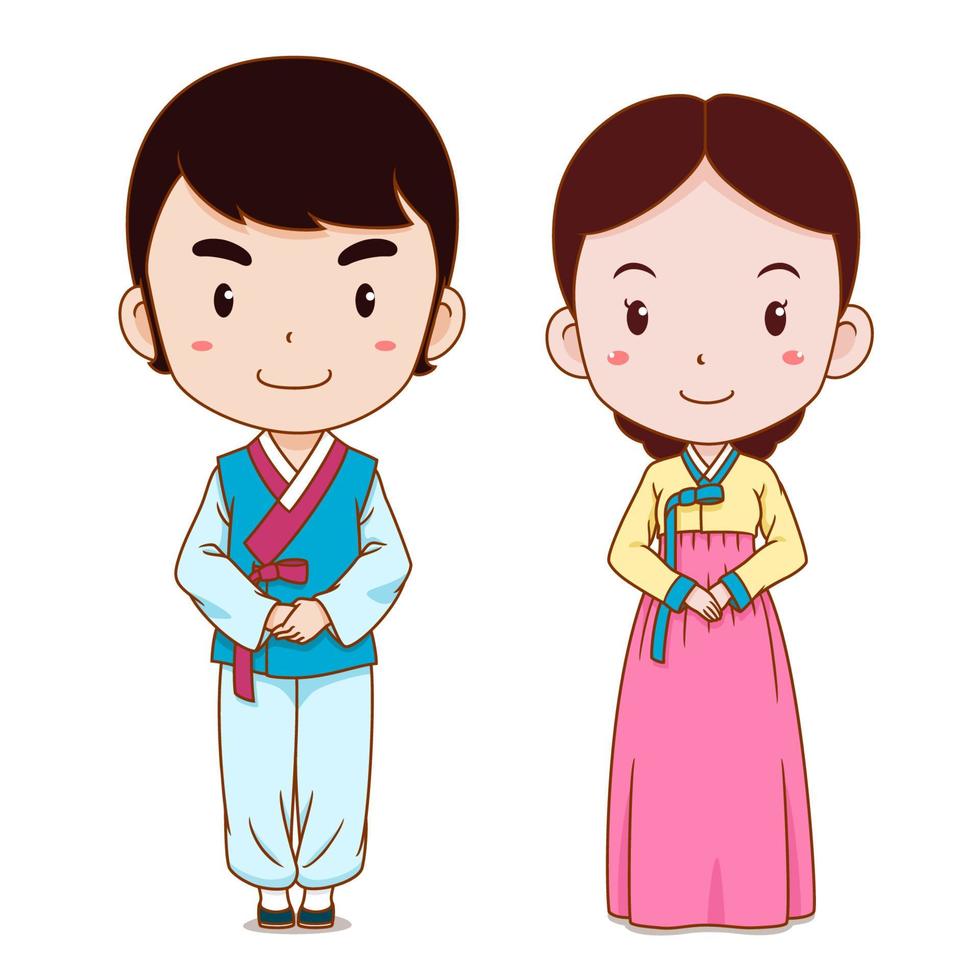 Cute couple cartoon in Korean traditional costume. vector