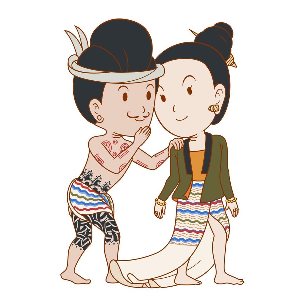 Couple of cartoon character whispering in traditional northern Thai styles. vector