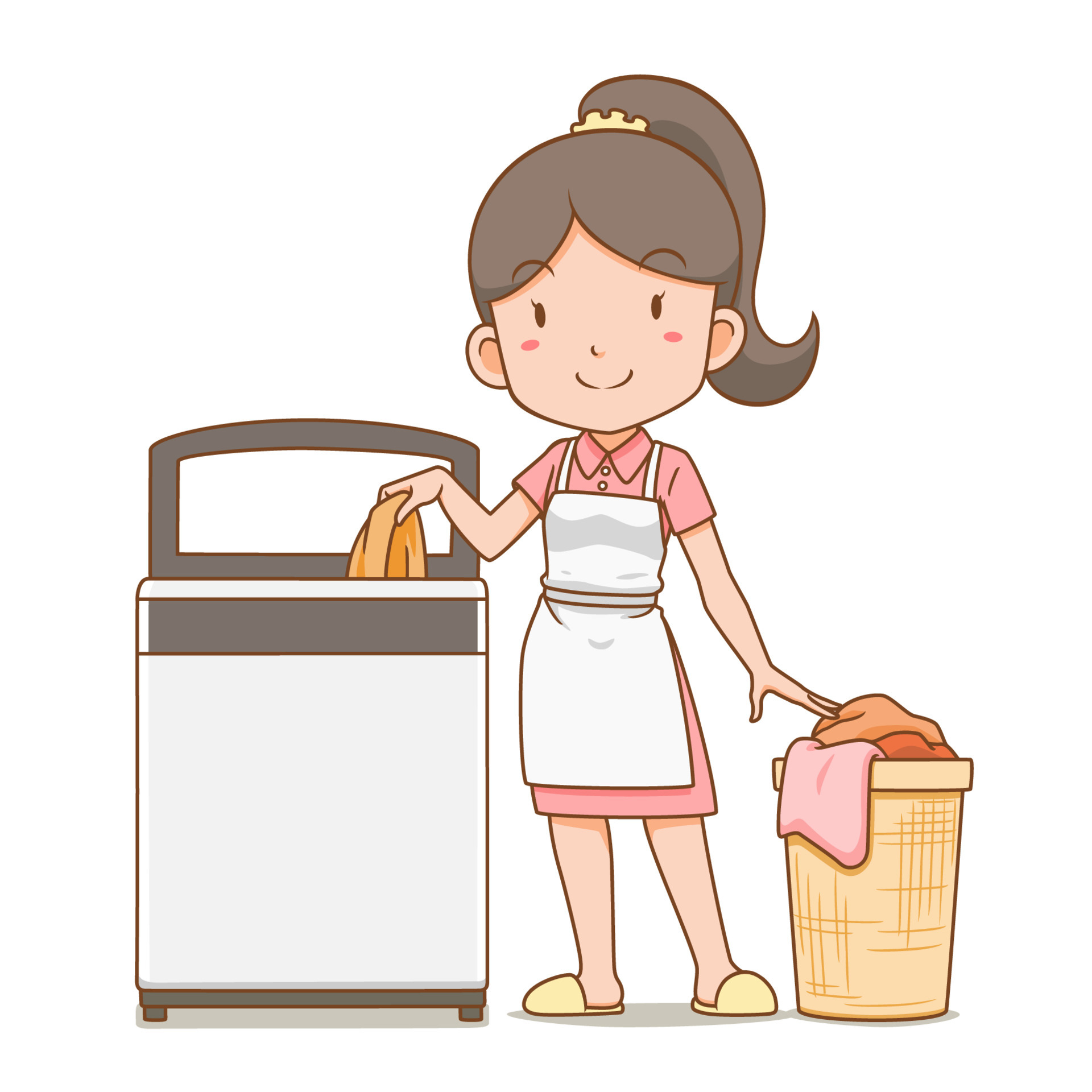 Cartoon character of housekeeper putting clothes in the washing machine.  4977533 Vector Art at Vecteezy