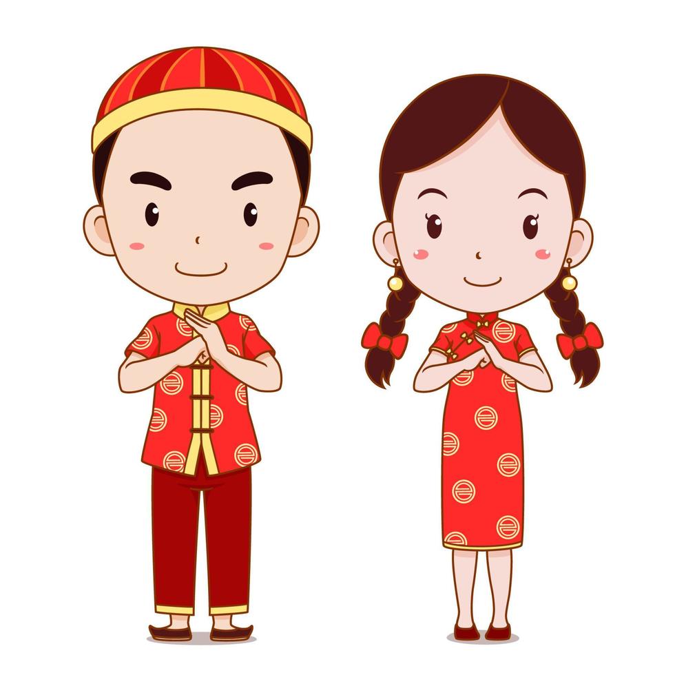 feliz año nuevo chino con una linda pareja de dibujos animados en traje tradicional chino. vector