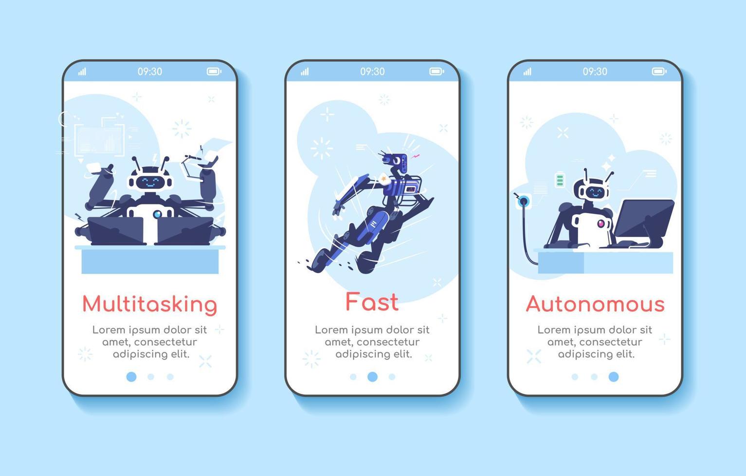 Artificial Intelligence advantages onboarding mobile app screen template. AI, machine learning. Multitasking, fast, autonomous. Walkthrough website. Flat UX, UI, GUI smartphone cartoon interface vector