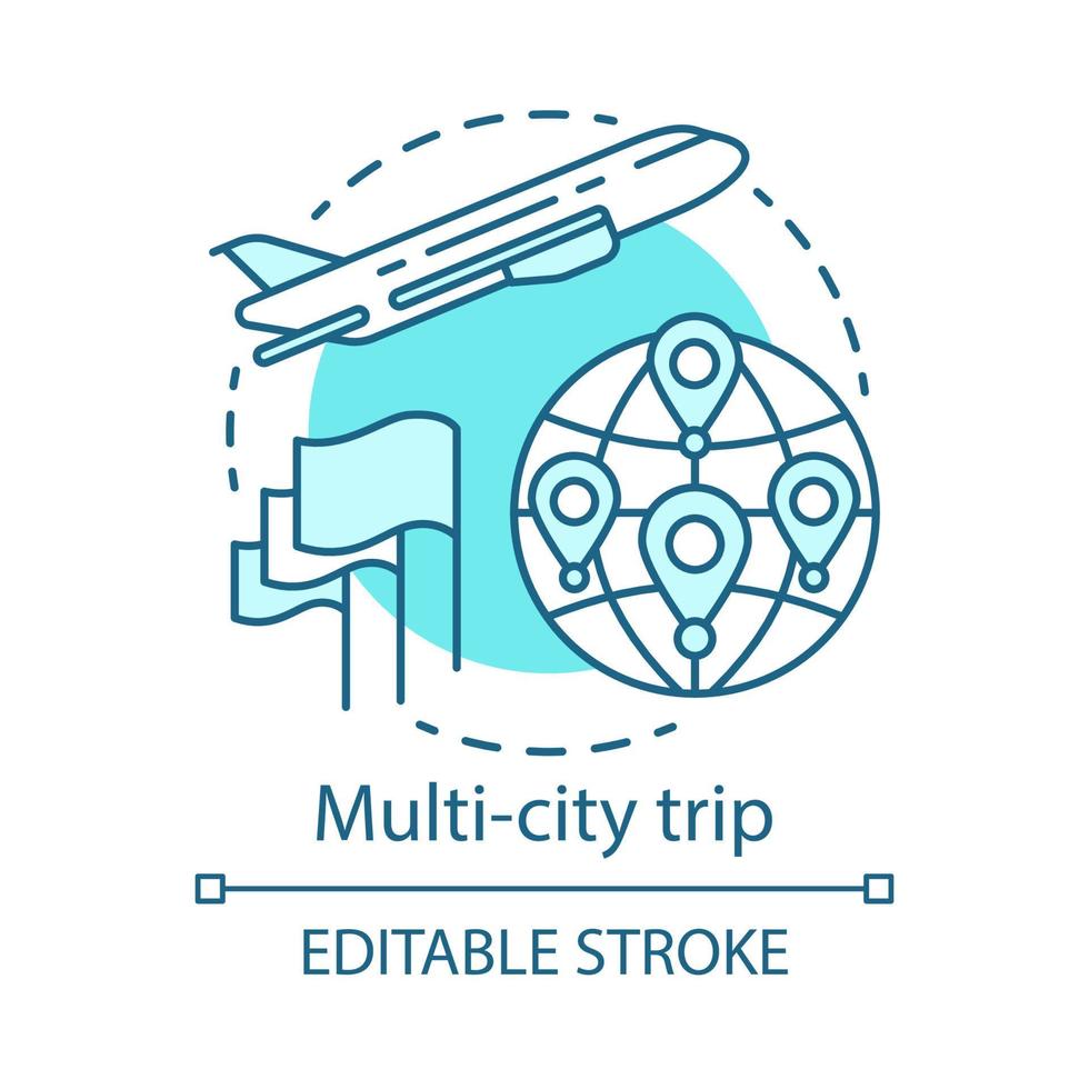 Multi-city trip concept icon. Flights with multiple destinations idea thin line illustration. Tourism, tour. Airplane traveling. Plane flying up. Vector isolated outline drawing. Editable stroke