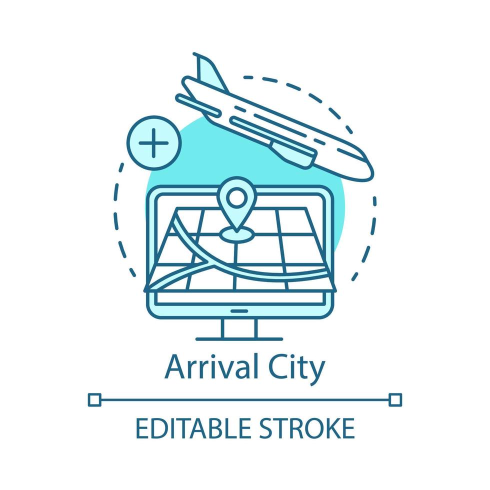 Arrival city concept icon. Flight destination idea thin line illustration. Landing airplane. Travel and journey. Departure point. Plane flying down. Vector isolated outline drawing. Editable stroke
