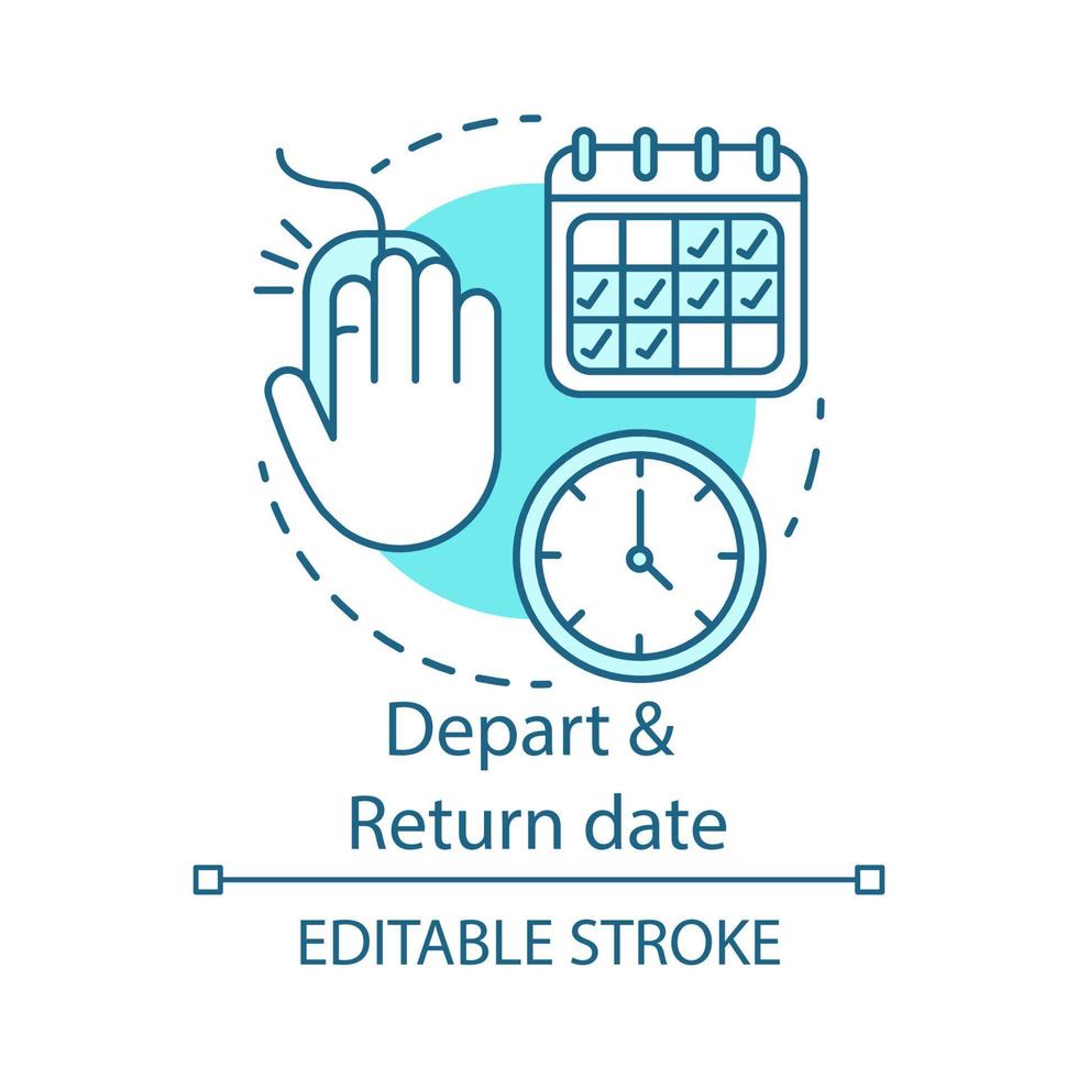 Depart and return date concept icon. Travel insurance idea thin line illustration. Flights schedules and timetables. Air travel, trip by plane. Vector isolated outline drawing. Editable stroke