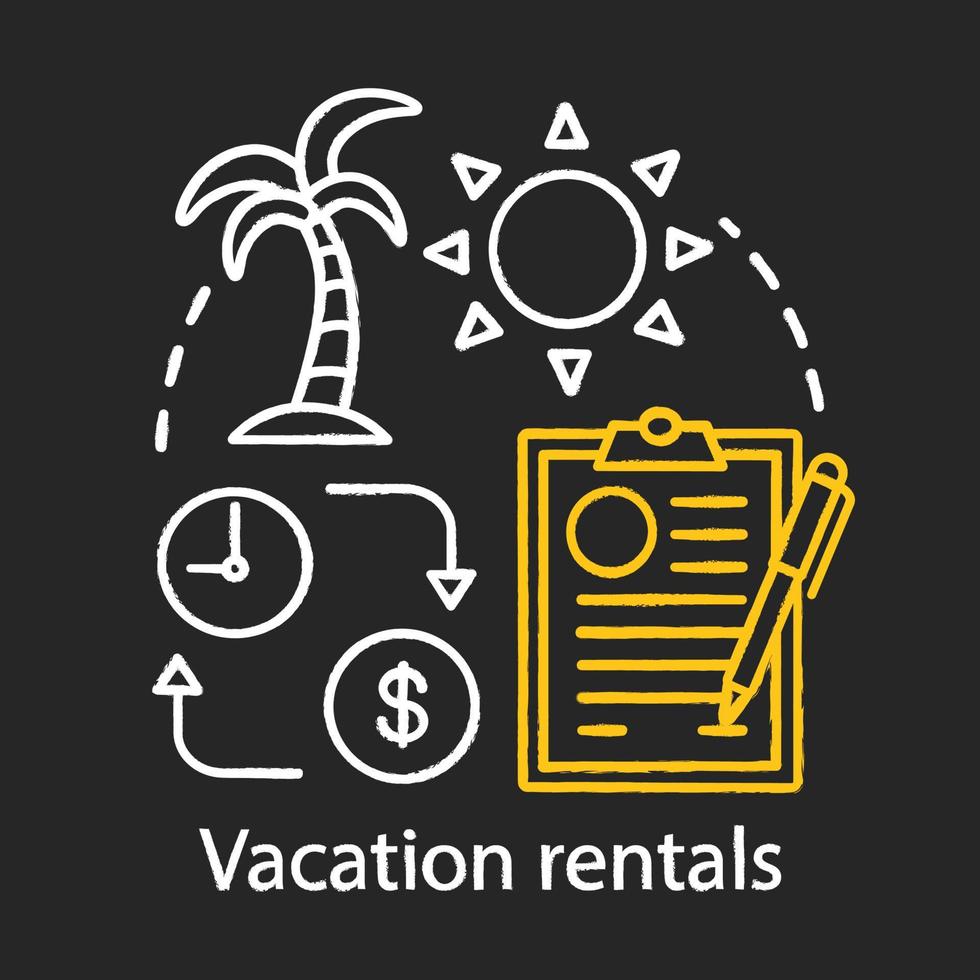 Vacation rentals chalk icon. Apartment, cottage, beach house rent. Tropical vacation. Payment terms. Resort home choosing. Journey and travel planning. Isolated vector chalkboard illustration