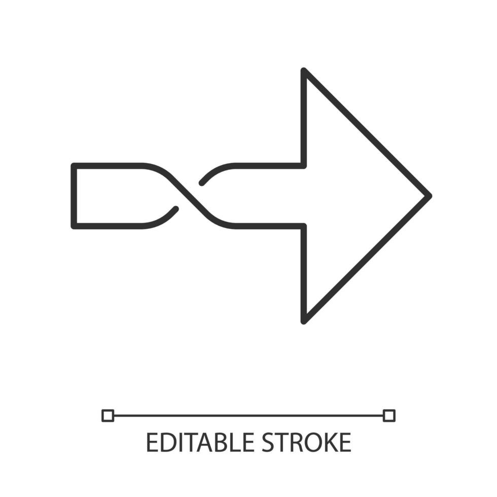 Twisted arrow linear icon. Direction arrowhead. Arrow indicating rightward. Pointer, indicator. Next, forward. Thin line illustration. Contour symbol. Vector isolated outline drawing. Editable stroke