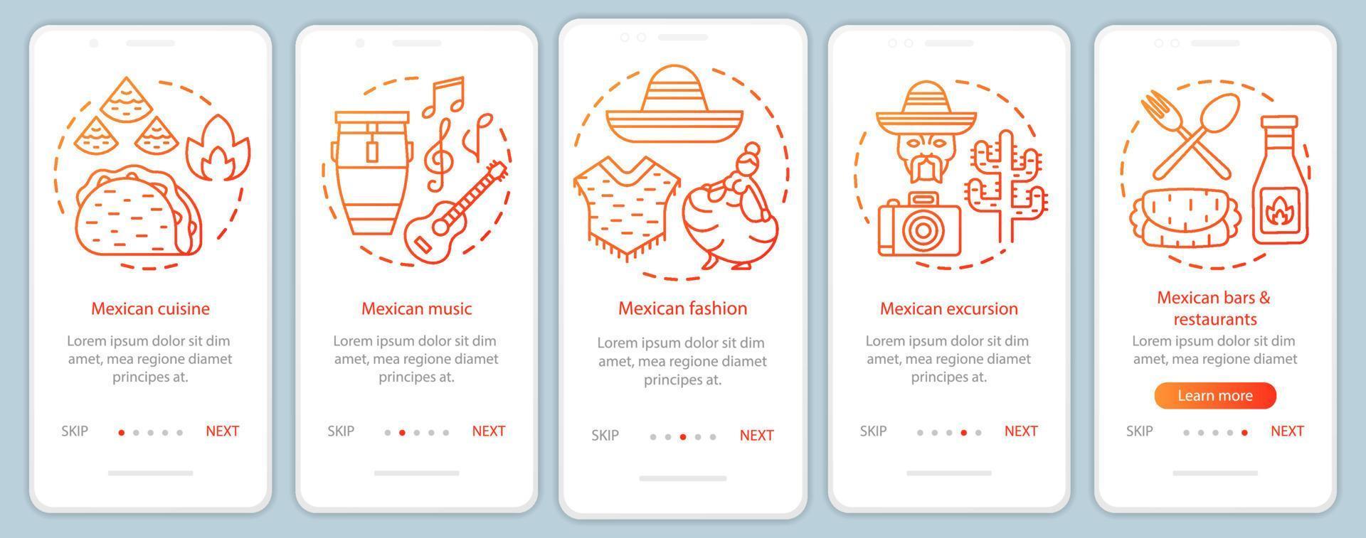 Mexican culture onboarding mobile app page screen with linear concepts. Mexico traditions, holidays walkthrough steps graphic instructions. UX, UI, GUI vector template with illustrations