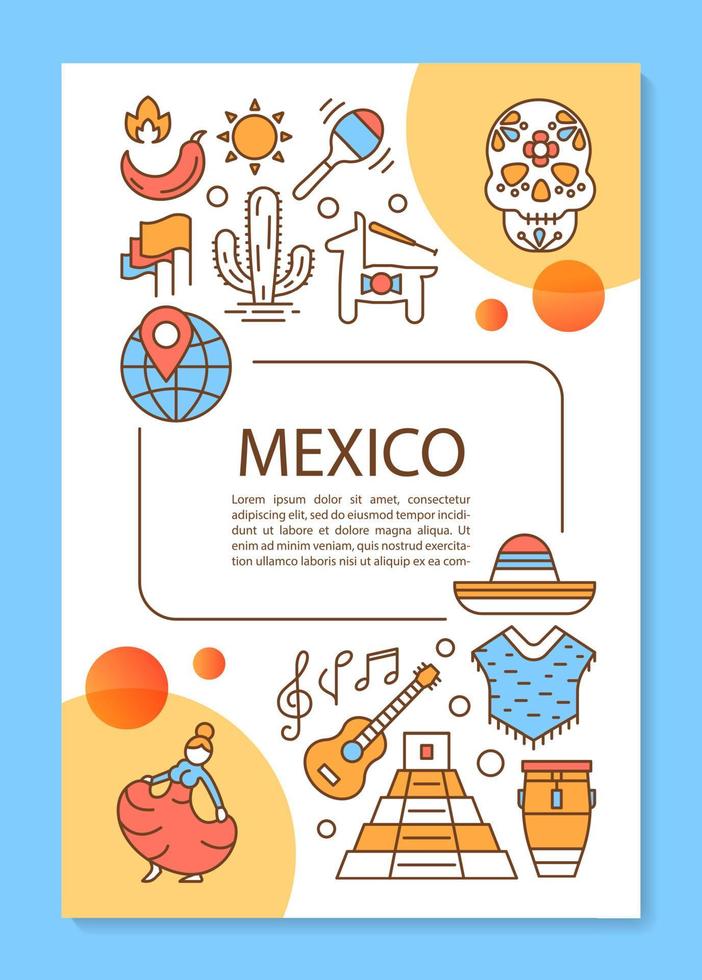 Mexico brochure template layout. Mexican travel agency flyer, booklet, leaflet print design with linear illustrations. Vector page layouts for magazines, annual reports, advertising posters