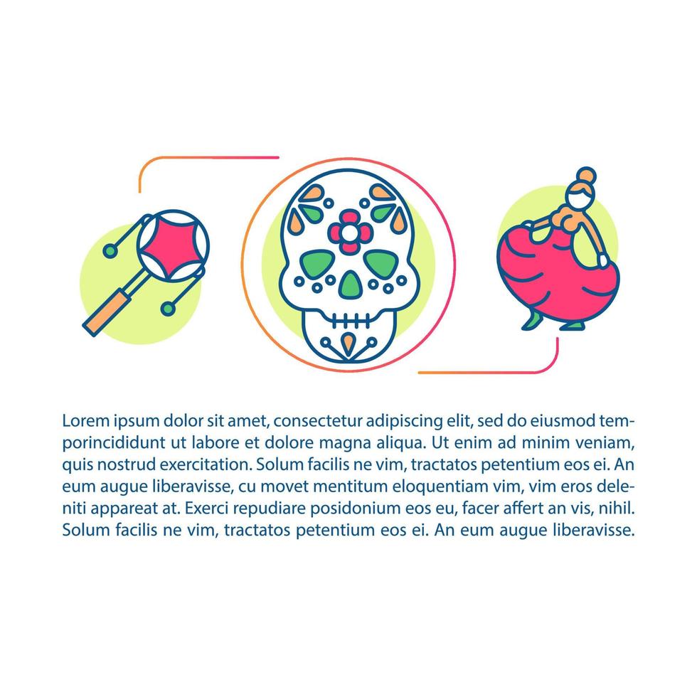 Plantilla de vector de página de artículo de cultura mexicana. vacaciones de mexico. folleto, revista, elemento de diseño de folleto con iconos lineales y cuadros de texto. diseño de impresión. ilustraciones de concepto con espacio de texto