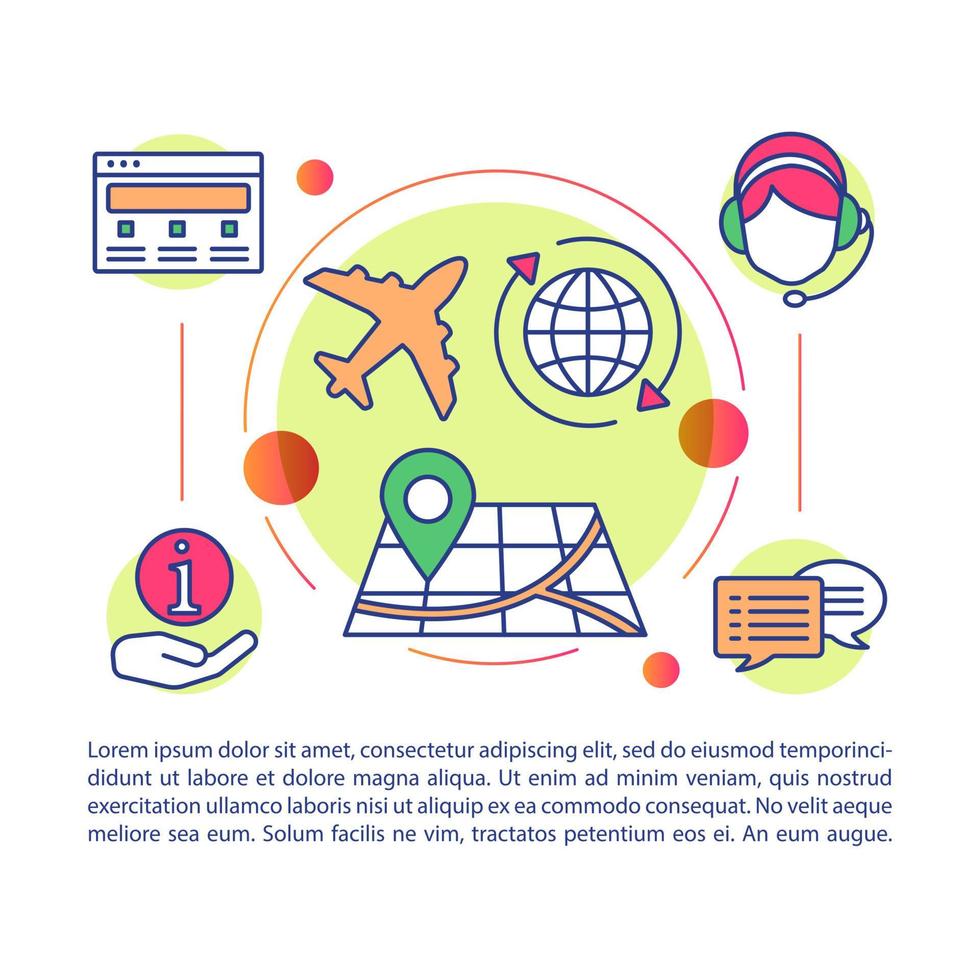 Travel agency article page vector template. Tourist company work. Brochure, magazine, booklet design element with linear icons and text boxes. Print design. Concept illustrations with text space