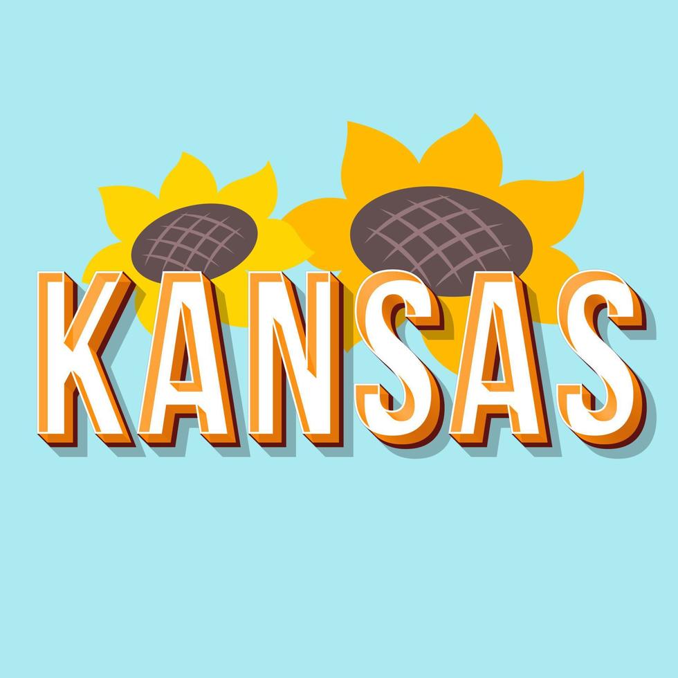 Kansas vintage 3d vector lettering. Retro bold font, typeface. Pop art stylized text. Old school style letters. 90s, 80s poster, banner, t shirt typography design. Sunflowers, arctic color background
