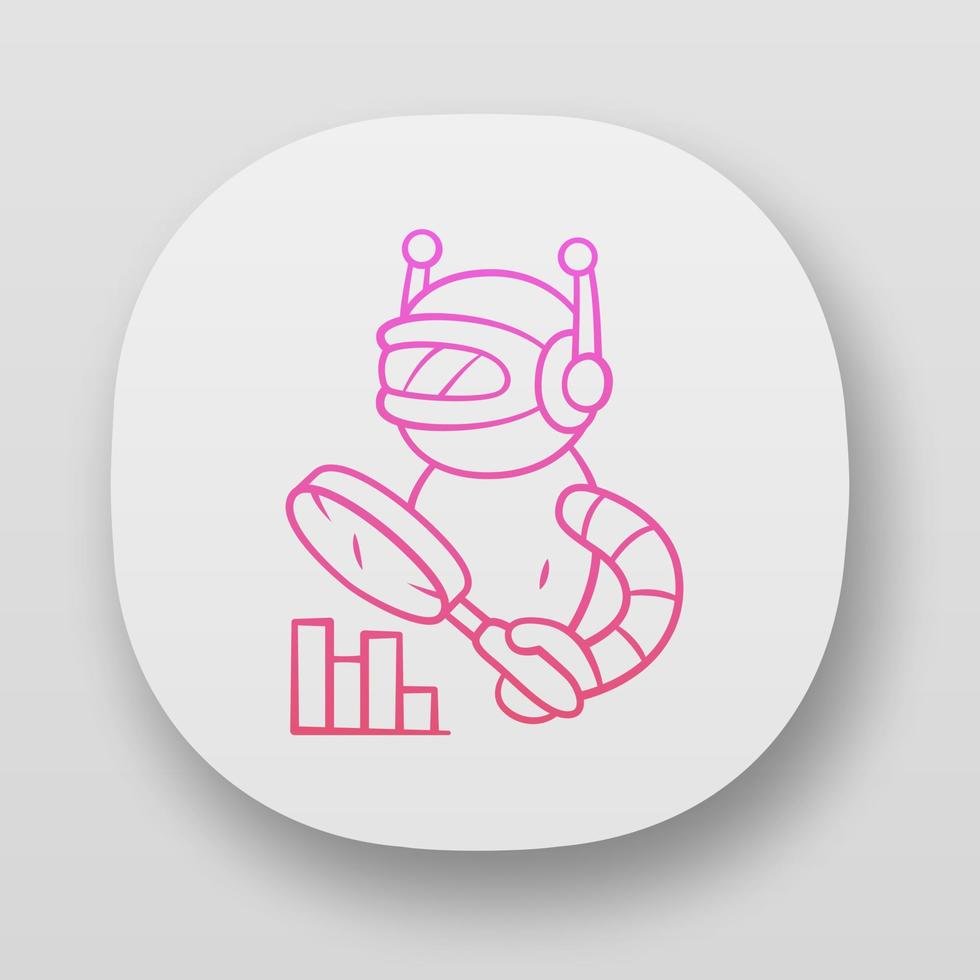 Monitoring bot app icon. Monitor websites uptime. Machine learning. Artificial intelligence. Bot with magnifying glass. UI UX user interface. Web or mobile applications. Vector isolated illustrations