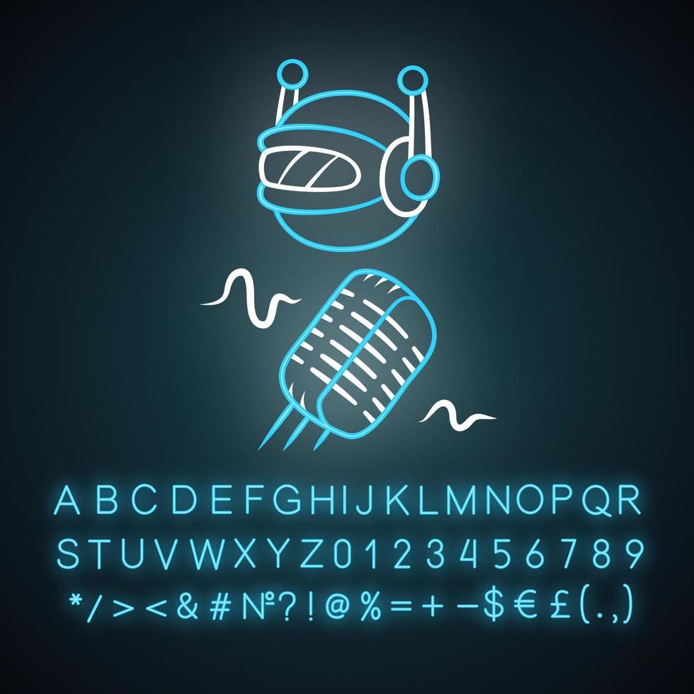 Voice bot neon light icon. Voice recognition. Voicebot. Verbal computing service. Software app. Artificial intelligence. Glowing sign with alphabet, numbers and symbols. Vector isolated illustration