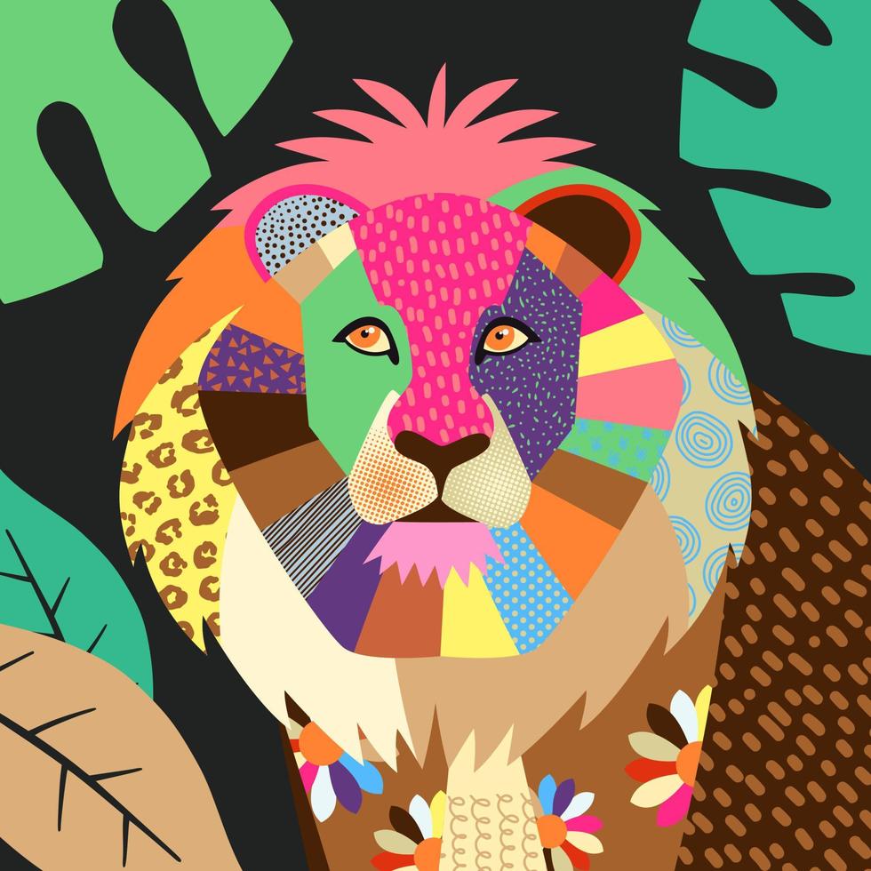 colorido, arte popular, jungla, león, animal, retrato vector