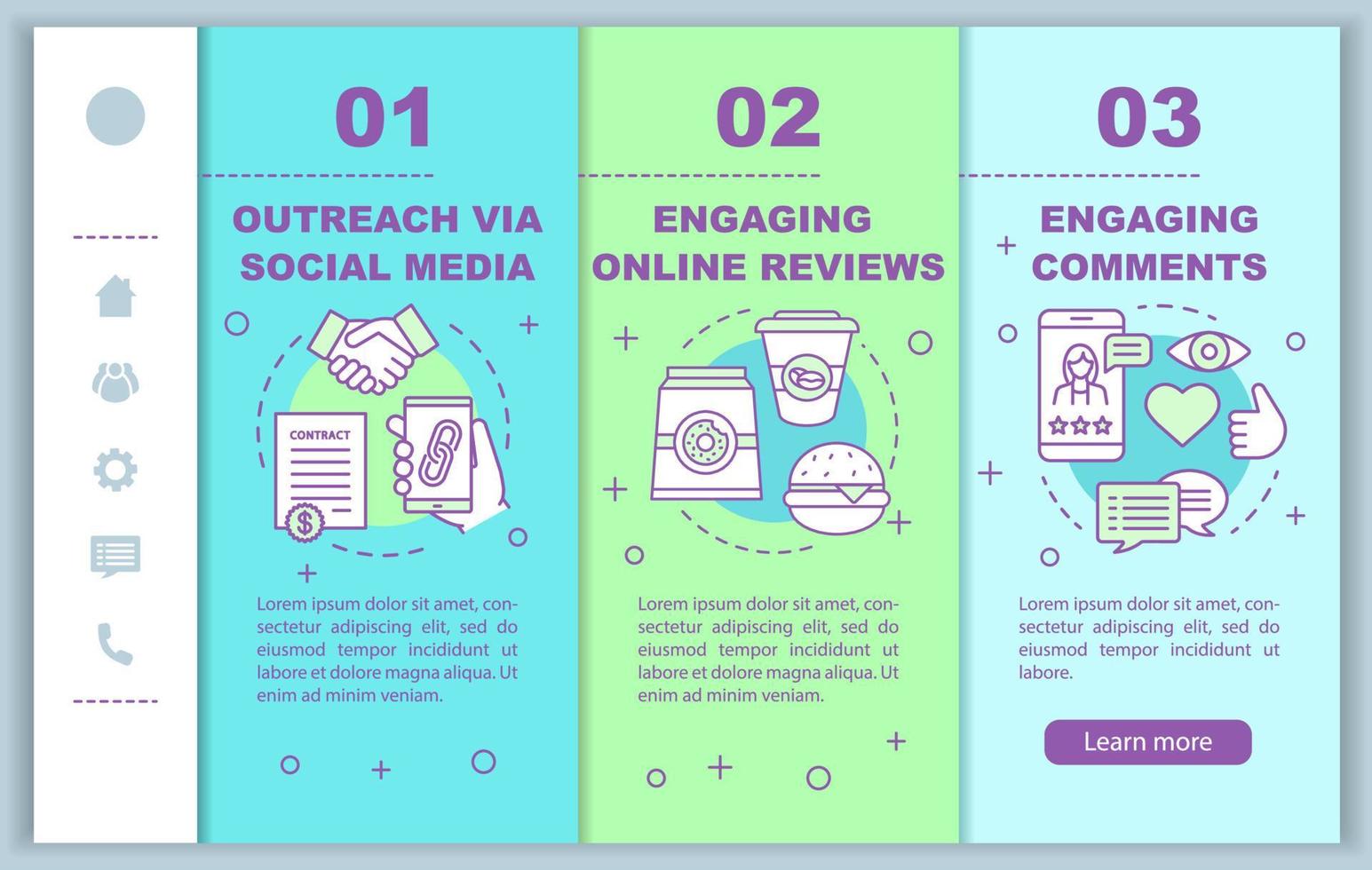 onboarding pr onboarding plantilla de vector de páginas web móviles. smm, marketing digital. idea de interfaz de sitio web de teléfono inteligente sensible con ilustraciones lineales. pantallas de pasos del tutorial de la página web. concepto de color