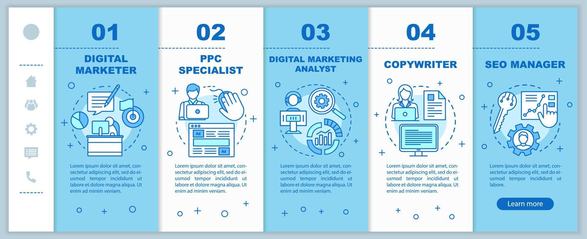 Digital marketing specialties onboarding mobile web pages vector template. Responsive smartphone website interface idea with linear illustrations. Webpage walkthrough step screens. Color concept