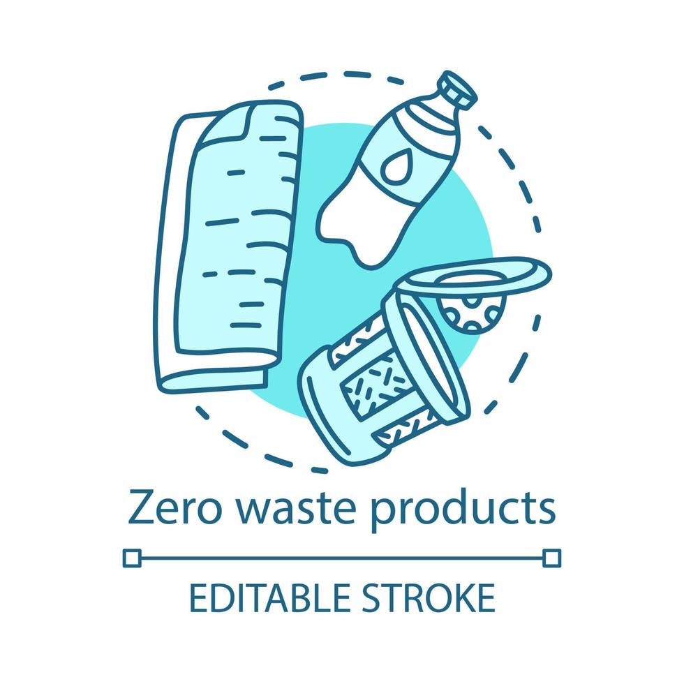 Zero waste products, recycling and reusing items concept icon. Recyclables, plastic free goods. Waste management idea thin line illustration. Vector isolated outline drawing. Editable stroke