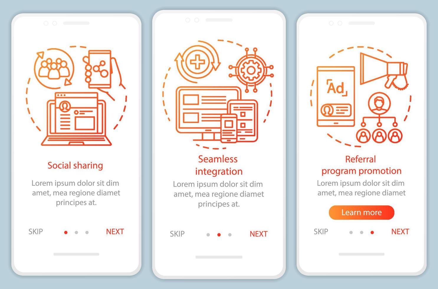 Referral program key items onboarding mobile app page screen with linear concepts. Three walkthrough steps graphic instructions. Customer attraction. UX, UI, GUI vector template with illustrations