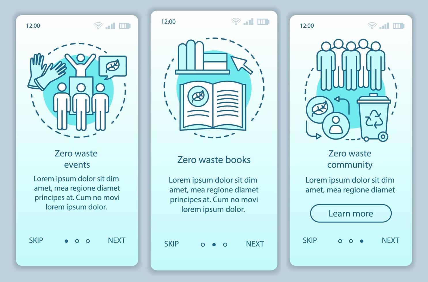 Zero waste education onboarding mobile app page screen vector template. Eco friendly lifestyle walkthrough website steps with linear illustrations. UX, UI, GUI smartphone interface concept