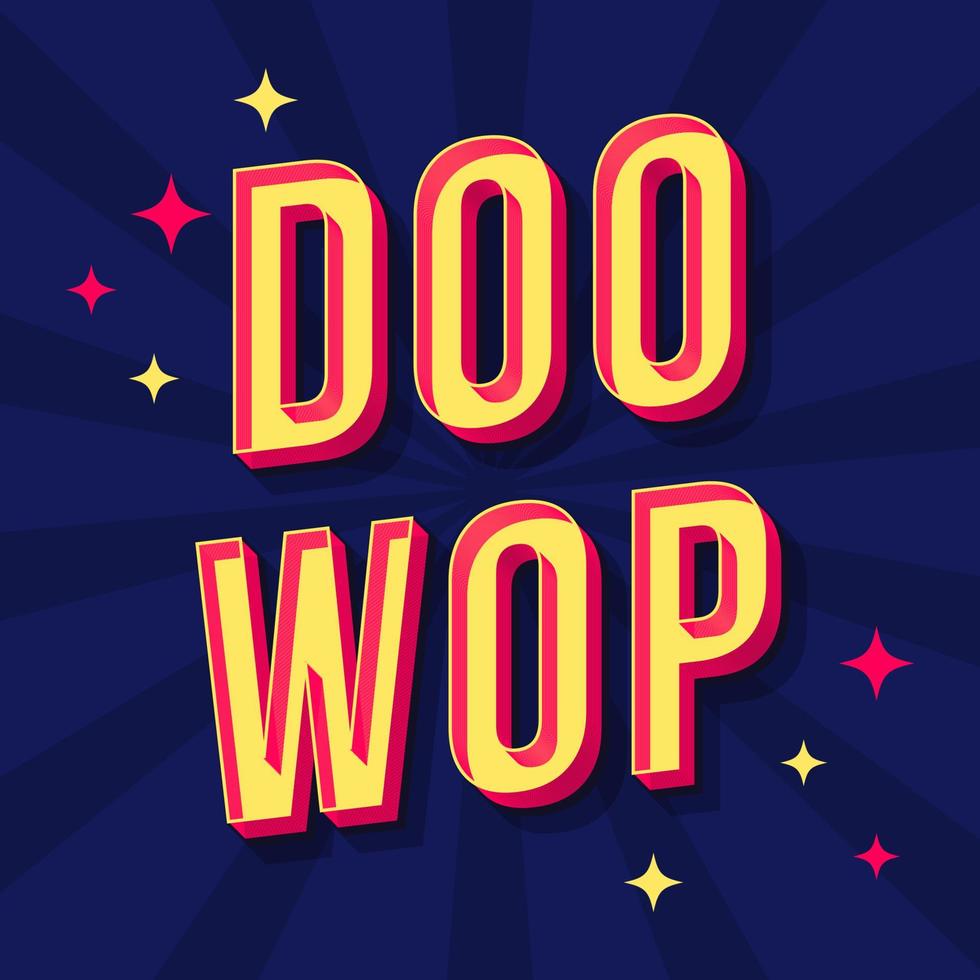 Doo wop vintage 3d vector lettering. Retro bold font, typeface. Pop art stylized text. Old school style letters. 90s, 80s poster, banner. Dark blue halftone color rays background