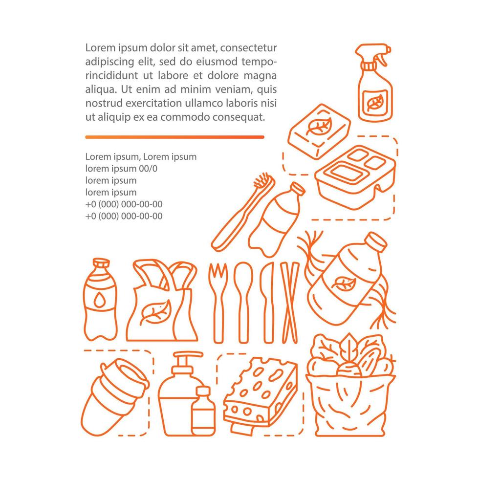 Zero waste products, article page vector template. Brochure, magazine, booklet design element with linear icons and text boxes. Waste management. Print design. Concept illustrations with text space