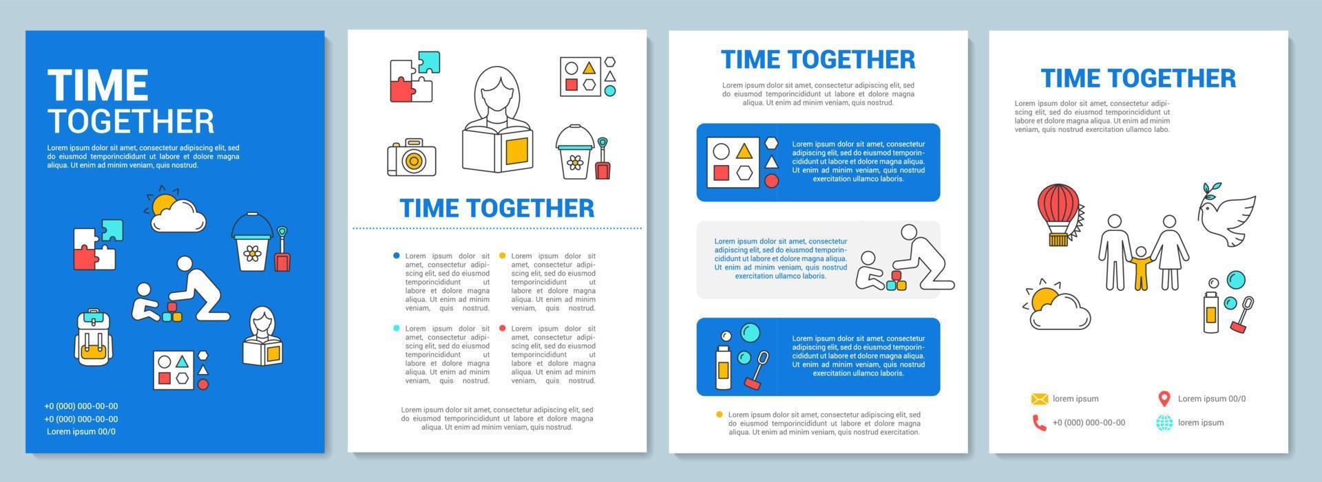 Time together brochure template layout. Kids games. Walk in park. Flyer, booklet, leaflet print design with linear illustrations. Vector page layouts for magazines, annual reports, advertising posters