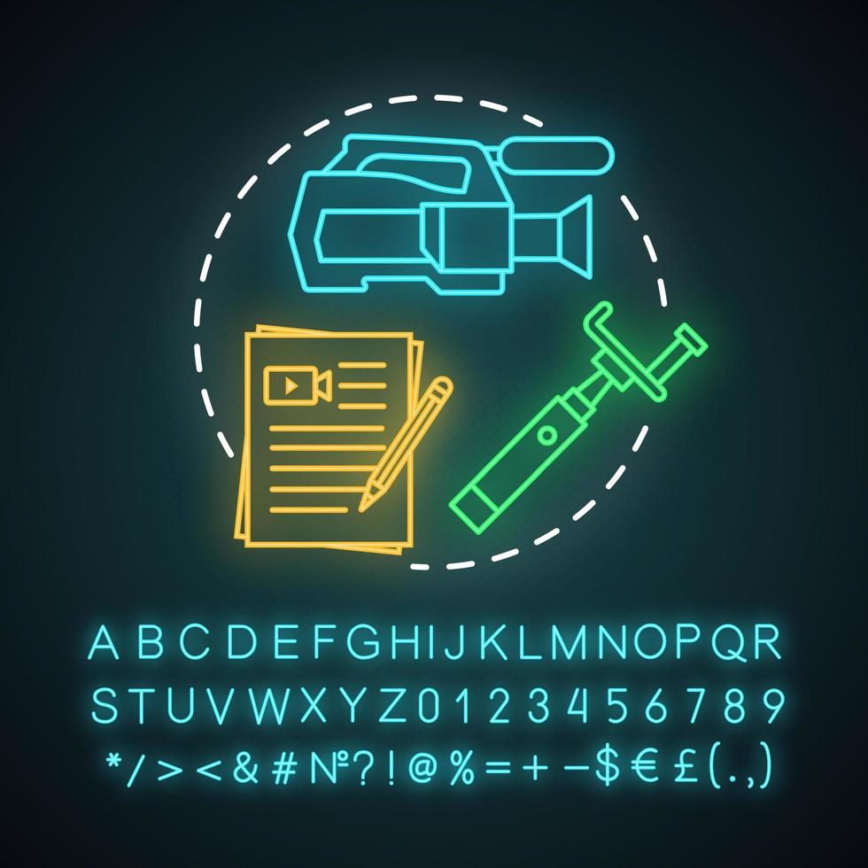 Video blogging neon light concept icon. Family film making idea. Vlog about daily life. Collecting memories. Glowing sign with alphabet, numbers and symbols. Vector isolated illustration