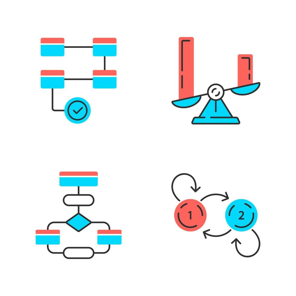 Diagram concepts color icons set. Activity, comparison, flow, state charts. Statistics data and process visualization. Information symbolic representation. Isolated vector illustrations