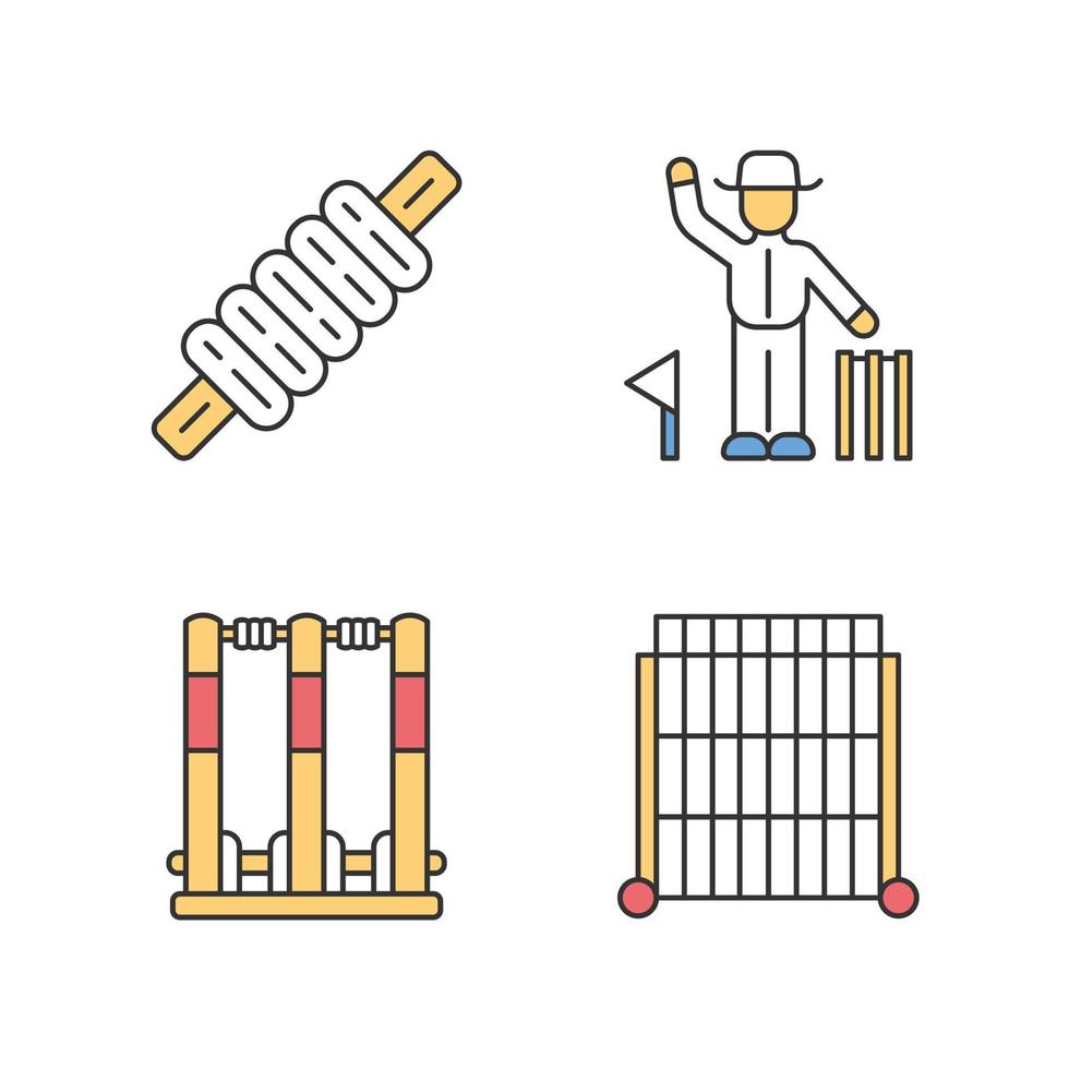 Cricket championship color icons set. Sport competition. Bail, stumps, sight screen, umpire. Sporting gear, judge. Club tournament. Athletic activity. Team battle. Isolated vector illustrations