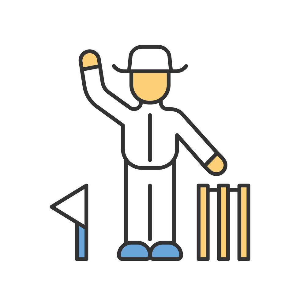 Cricket judge color icon. Umpire signals decision. Arbitrator follow game. Man in white uniform, flag and wicket. Sport competition, tournament. Outdoor sports activity. Isolated vector illustration