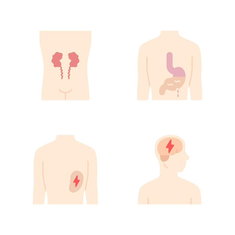 Conjunto de iconos de colores de larga sombra de diseño plano de órganos humanos enfermos. dolor de riñones y bazo. dolor de estómago. cerebro malsano. partes internas del cuerpo enfermas. ilustraciones de silueta de vector
