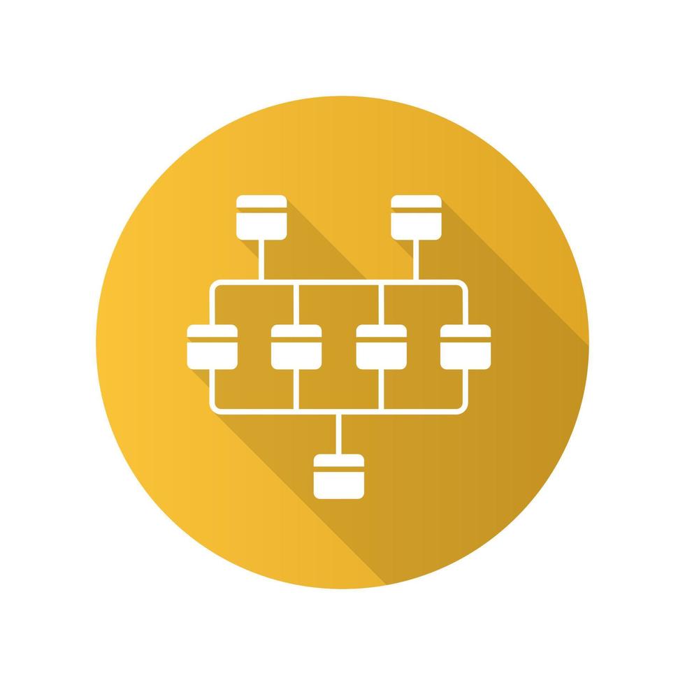 Diagrama de red diseño plano icono de glifo de sombra larga. diagrama de conglomerados. vértices y aristas del gráfico. gráfico de red. estructura de las computadoras. sistema interconectado. ilustración de silueta de vector