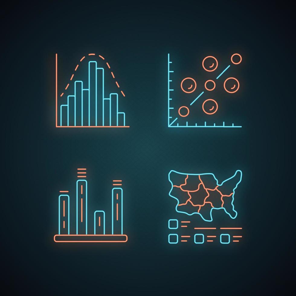 diagramas de luz de neón conjunto de iconos. histograma, gráfico de barras, diagrama de dispersión, cartograma. visualización de datos estadísticos. comparaciones entre categorías discretas. signos brillantes. ilustraciones vectoriales aisladas vector