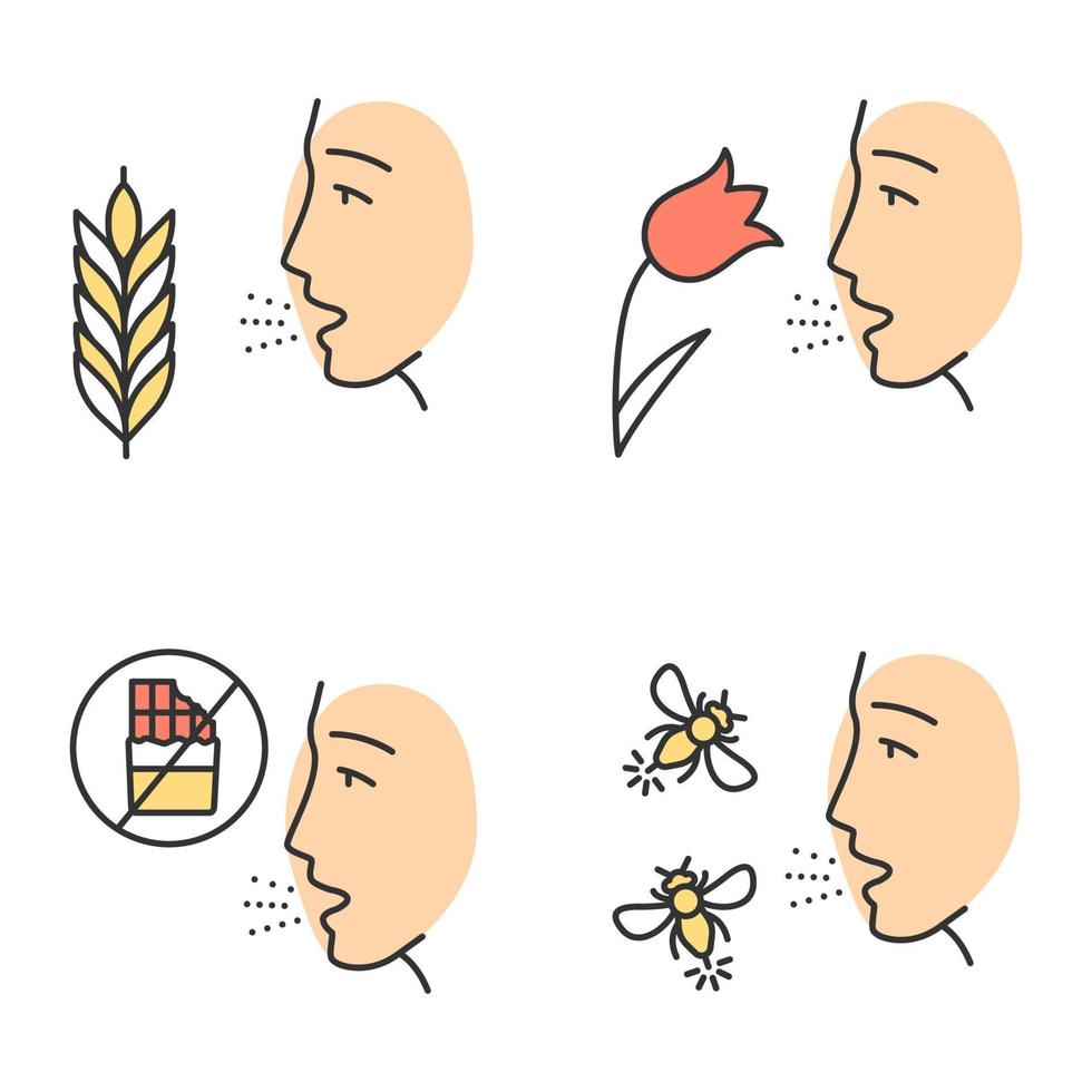 Allergies color icons set. Hay fever, allergy to food and insects stings. Sensitivity of immune system. Allergen sources. Medical problem. Cause of swelling, anaphylaxis. Isolated vector illustrations