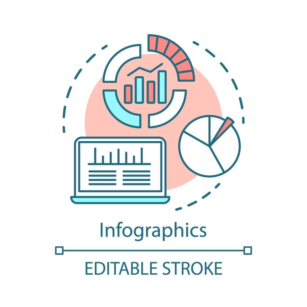 Infographics concept icon. Channels for SEO idea thin line illustration. Digital marketing analytics. Traffic, conversions metrics. SMM statistics. Vector isolated outline drawing. Editable stroke