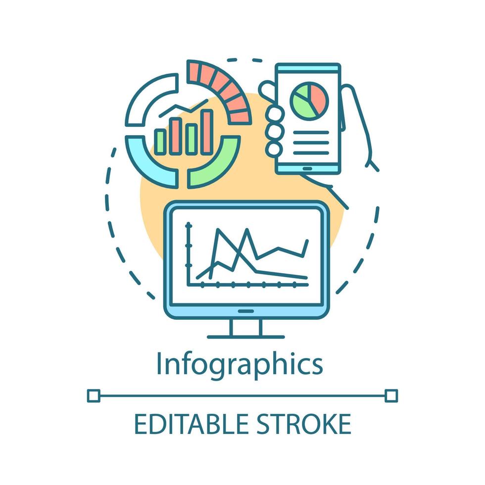 Infographics concept icon. Awareness content idea thin line illustration. Content marketing channel. Statistics, web analytics, smm metrics. Vector isolated outline drawing. Editable stroke