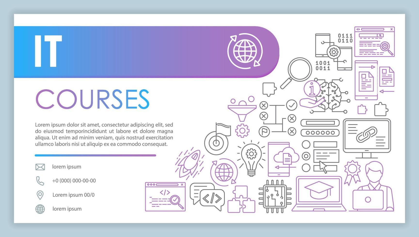 IT course banner, business card vector template. Software development. Company contact with phone, email linear icons. Programming, coding. Presentation, web page idea. Corporate print design layout