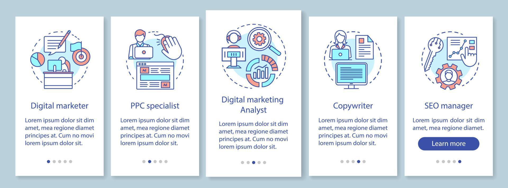 especialidades de marketing digital que incorporan la pantalla de la página de la aplicación móvil con conceptos lineales. copywriter, seo manager pasos paso a paso instrucciones gráficas. ux, ui, plantilla de vector de interfaz gráfica de usuario con ilustraciones