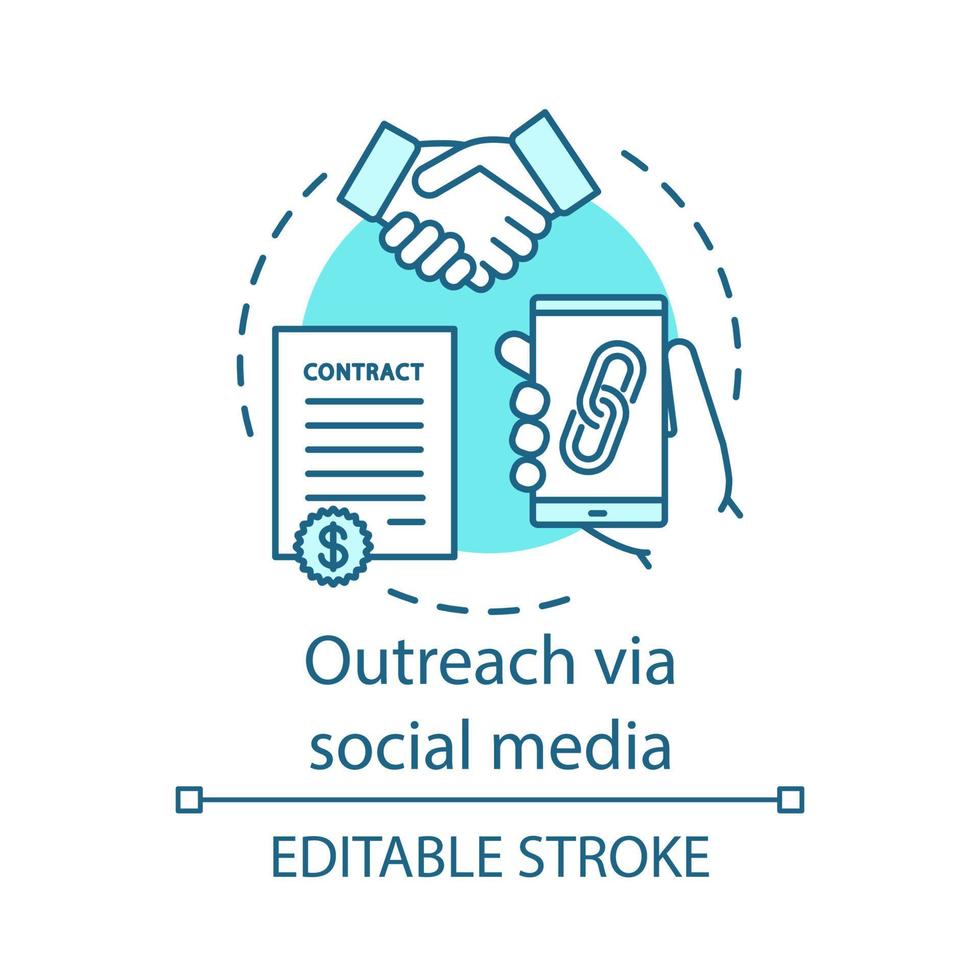 Outreach via social media blue concept icon. Social networks idea thin line illustration. Online PR. Brand awareness. Build new relationships. Vector isolated outline drawing. Editable stroke