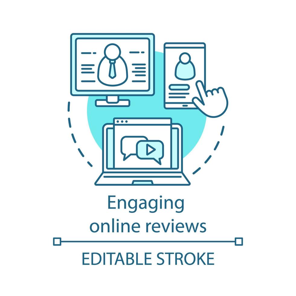 Engaging online reviews blue concept icon. Online PR idea thin line illustration. Recommendation. Online buying. Clients positive review, feedback. Vector isolated outline drawing. Editable stroke