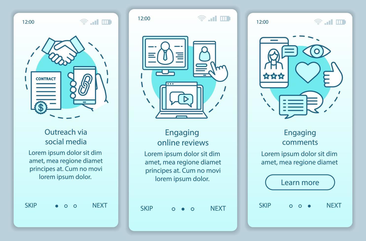 Online PR turquoise onboarding mobile app page screen vector template. Social media, engaging comments walkthrough website steps with linear illustrations. UX, UI, GUI smartphone interface concept