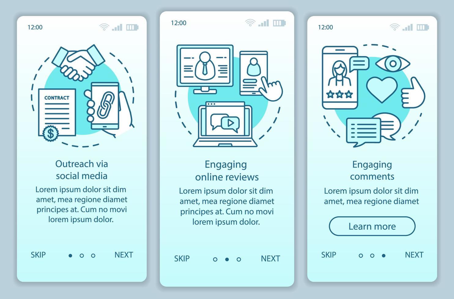 plantilla de vector de pantalla de página de aplicación móvil onboarding turquesa en línea pr. redes sociales, comentarios atractivos a través de los pasos del sitio web con ilustraciones lineales. concepto de interfaz de teléfono inteligente ux, ui, gui