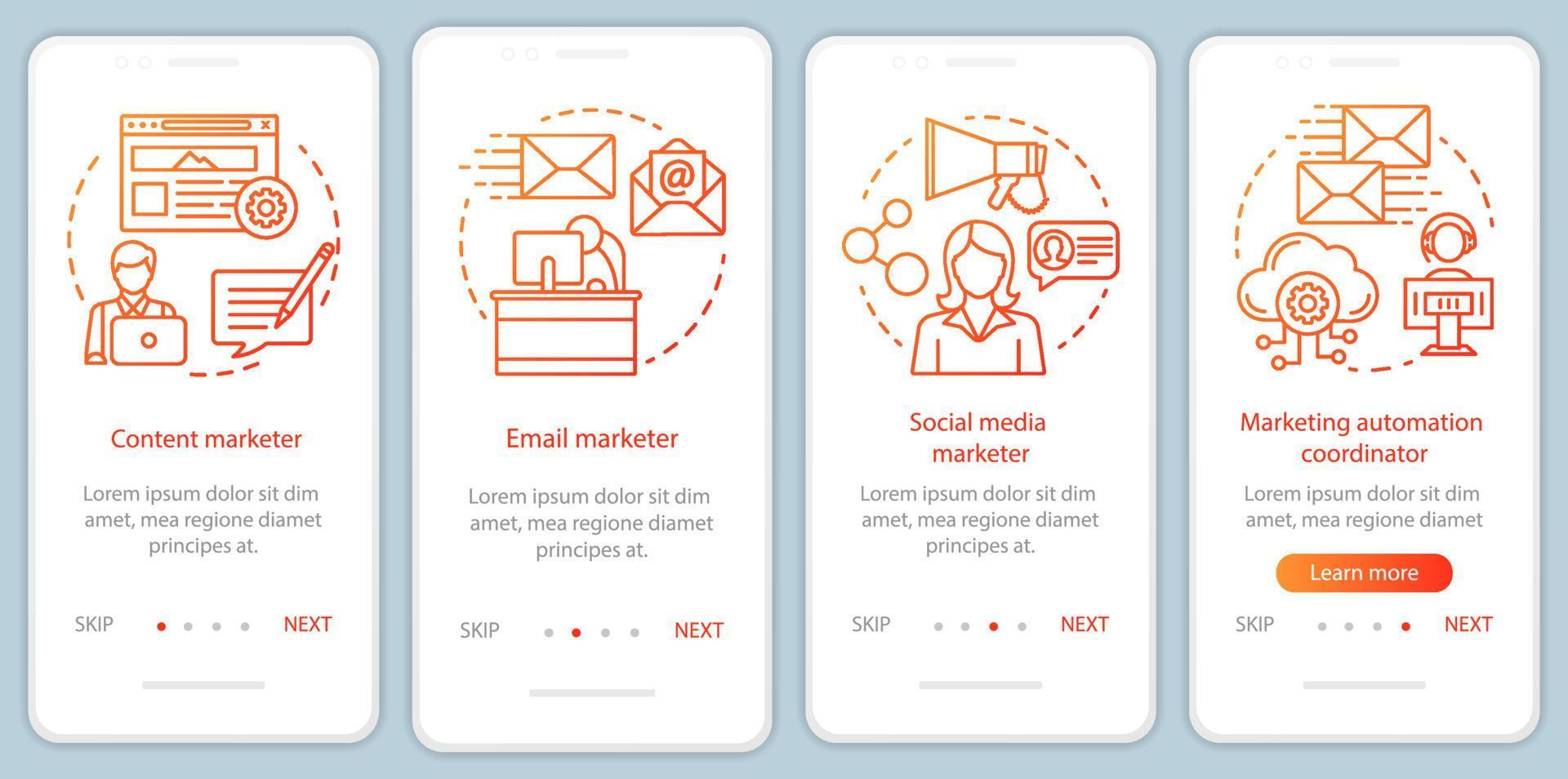 Digital marketing specialties orange onboarding mobile app page screen vector template. Coordinator walkthrough website steps with linear illustrations. UX, UI, GUI smartphone interface concept