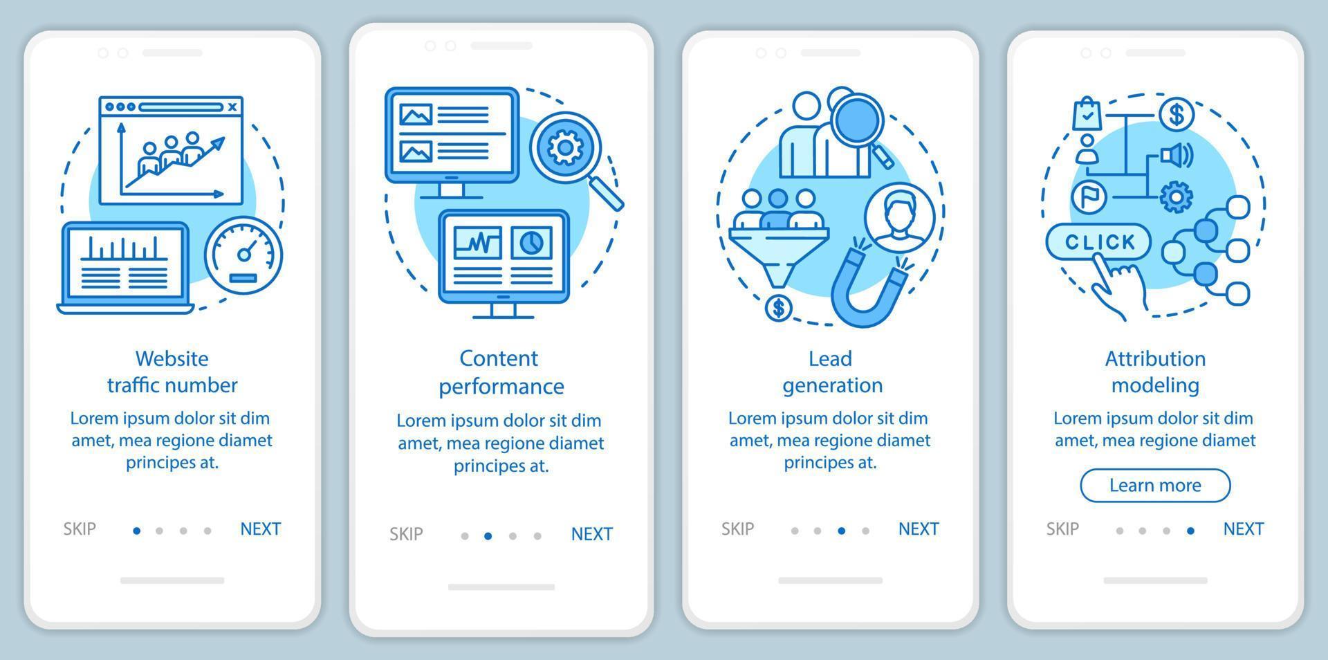 Beneficios del marketing digital Plantilla de vector de pantalla de página de aplicación móvil de incorporación azul. Tutorial de crecimiento del tráfico del sitio web Pasos del sitio web con ilustraciones lineales. concepto de interfaz de teléfono inteligente ux, ui, gui