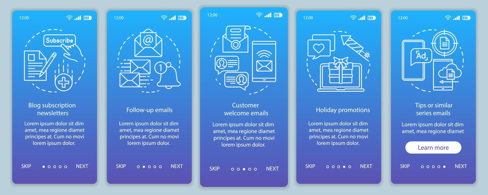 Email marketing blue onboarding mobile app page screen vector template. Business strategy, promotions walkthrough website steps with linear illustrations. UX, UI, GUI smartphone interface concept