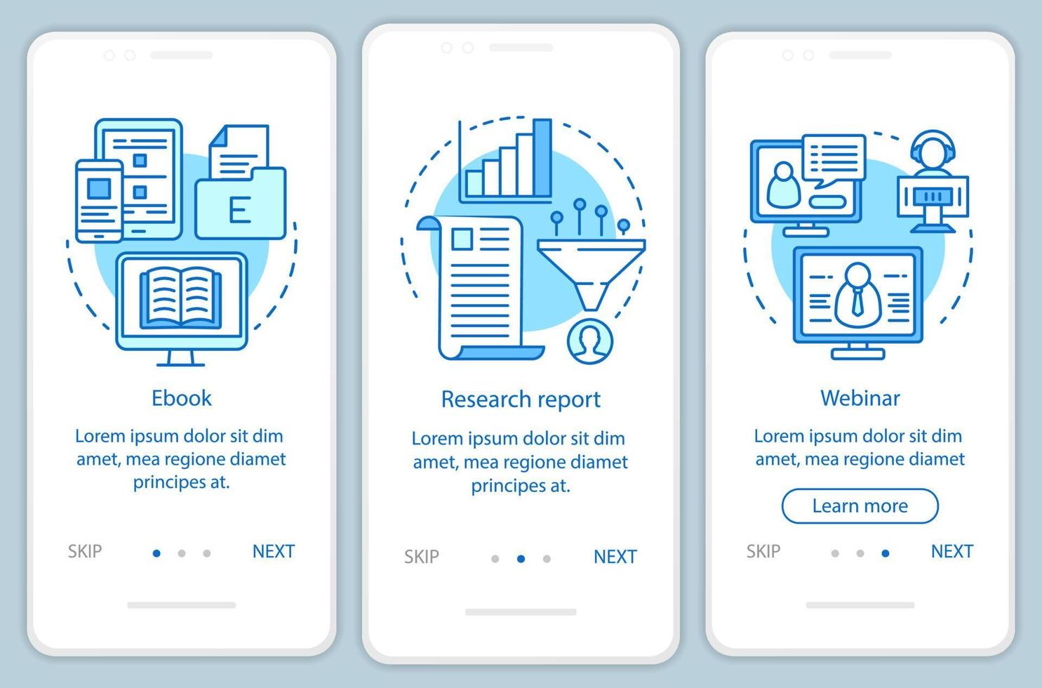 Consideration content blue onboarding mobile app page screen vector template. Research report walkthrough website steps with linear illustrations. UX, UI, GUI smartphone interface concept